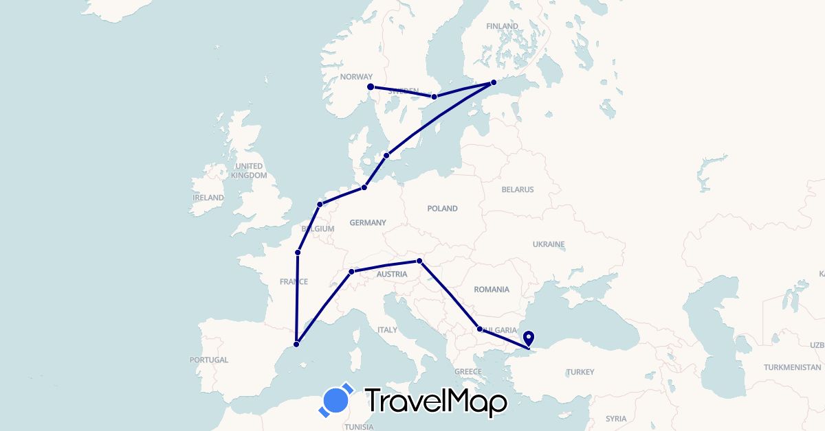 TravelMap itinerary: driving in Austria, Bulgaria, Switzerland, Germany, Denmark, Spain, Finland, France, Netherlands, Norway, Sweden, Turkey (Asia, Europe)